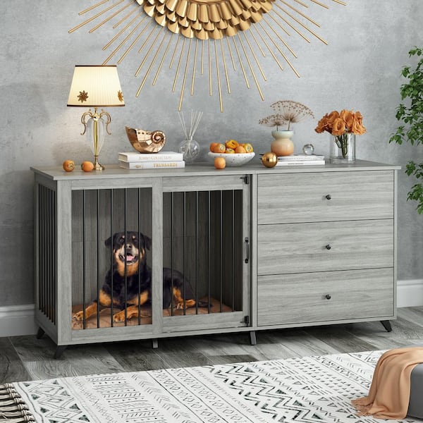 FUFU&GAGA Wooden Large Dog Crate Furniture Style Storage Cabinet, Heavy-Duty Dog Kennel with 3-Drawers for Large Medium Dogs, Gray