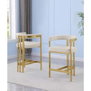 Riley 30 in. Cream Color Low Back Metal Frame Matte Brushed Gold Chrome Base Bar Stool With Boucle Fabric Set of 2