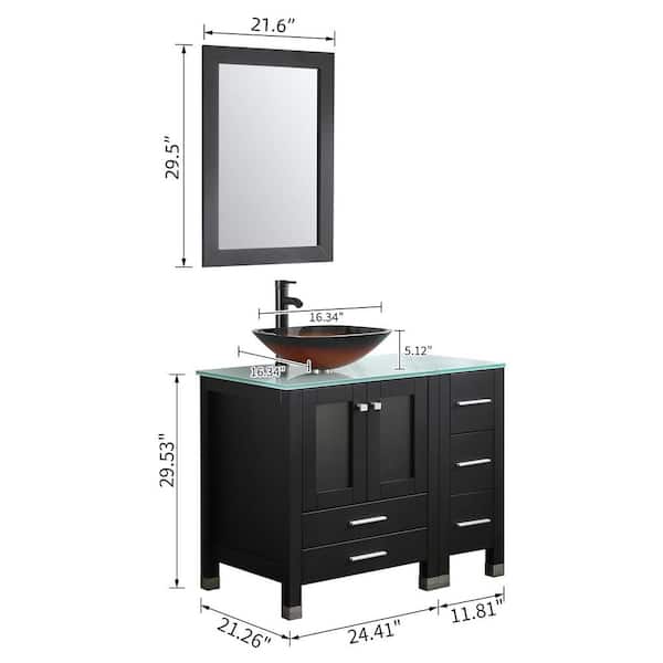 36 in. W x 21.3 in. D x 29.1 in. H Single Sink Bath Vanity in Black with Glass Top and Mirror