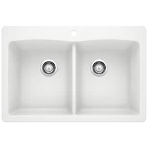 DIAMOND Dual Mount Granite Composite 33 in. 1-Hole 50/50 Double Bowl Kitchen Sink in White