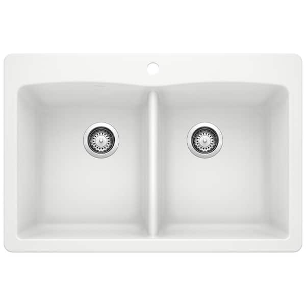 Blanco DIAMOND Dual Mount Granite Composite 33 in. 1-Hole 50/50 Double Bowl Kitchen Sink in White