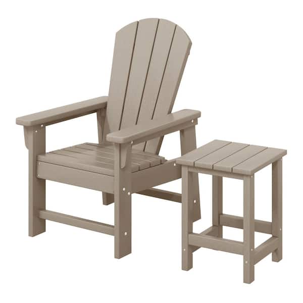 Children's Laguna Outdoor Patio All Weather Plastic Kids 2-Piece Adirondack Chair with Side Table in Weathered Wood