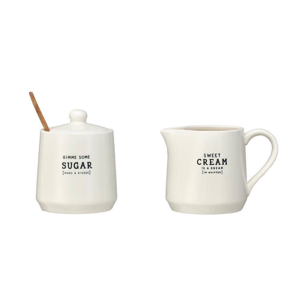 White Stoneware Creamer and Sugar Pot Set with Spoon
