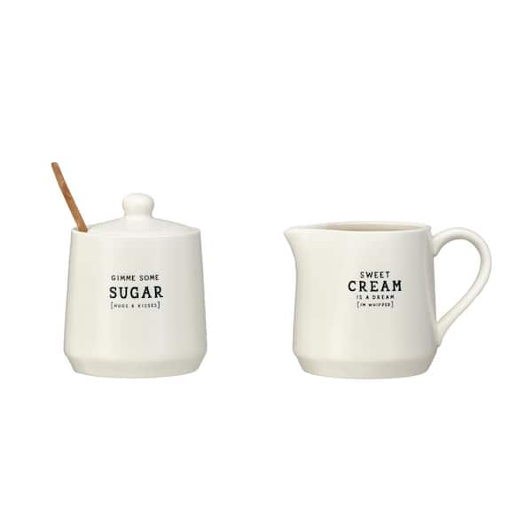 12 fl. oz. White Stoneware Creamer and Sugar Pot with Bamboo Spoon (Set of 2)