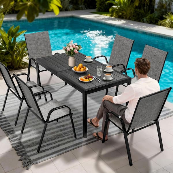 PamaPic 6-Person Patio Dining Set, Textilene Stackable Chairs and