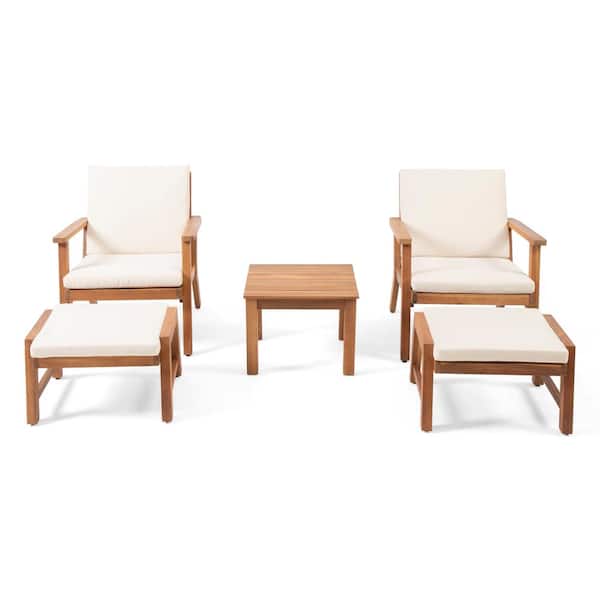 Temecula Brown Patina 5-Piece Wood Outdoor Patio Conversation Set with Cream Cushions