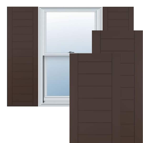 Ekena Millwork 12 in. x 25 in. PVC Horizontal Slat Framed Modern Style Fixed Mount Board and Batten Shutters Pair in Raisin Brown