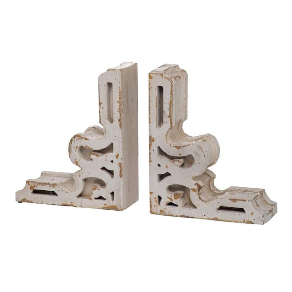 YESSKY DOWELL ENTER LLC Antique White 8 in. x 3 in. x 9.5 in. Wood Desktop Bookends Decorative Bookshelf Rustic Distressed Bookends, Set of 2