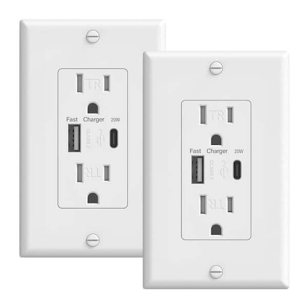 White 15 amp Tamper Resistant Standard Outlet with USB-A, USB-C Charger 2-Pack USB Outlets Receptacles