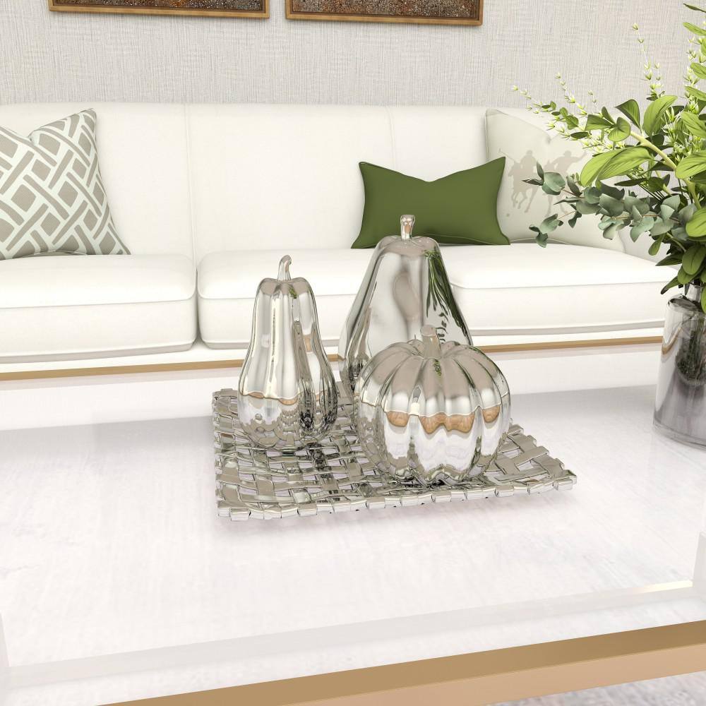 Silver Ceramic Fall Fruit Sculpture Set with Decorative Grid Plate