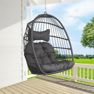 Foldable 265 lbs. 1-Person Gray Wicker Porch Swing Egg Chair with Dark Gray Cusions