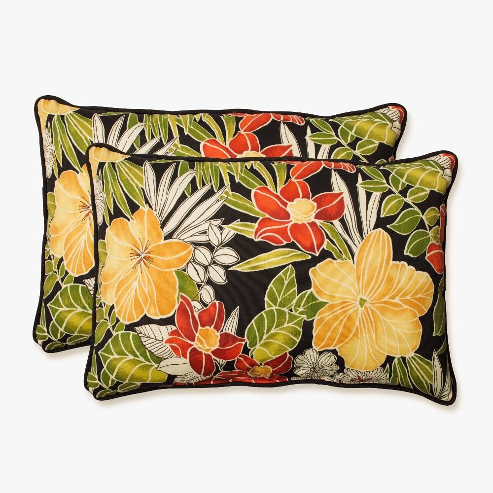 Tropic Floral Black and Green Rectangular Outdoor Pillows, Set of 2