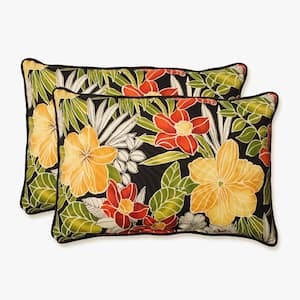 Floral Black Rectangular Outdoor Lumbar Throw Pillow 2-Pack