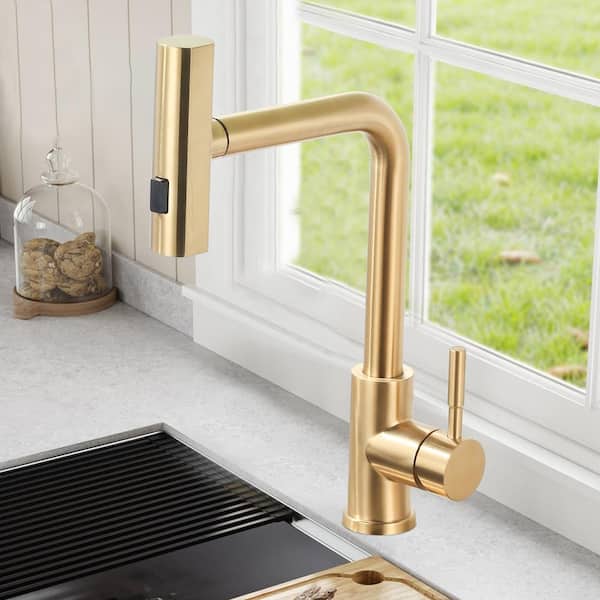 15.7 in Single Handle Pull Out 360 Degree Spout Swivel Kitchen Faucet with Water FilterFaucet Stainless Steel in Gold