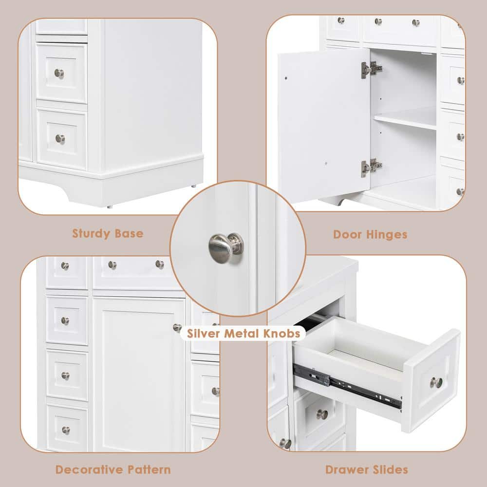 White MDF Bathroom Vanity with Ceramic Sink and Six Drawers