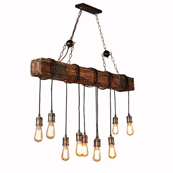 OUKANING 46.46 in. 10-Light Rustic Industrial Brown Linear Island Chandelier Metal and Wood Pendant Lamp