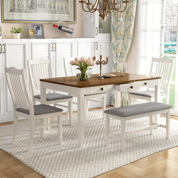 Harper & Bright Designs 6-Piece Butter Milk MDF Top Dining Table Set Seats 6 with 4-Linen Upholstered Chairs, 1-Gray Bench, 1 Real Drawer
