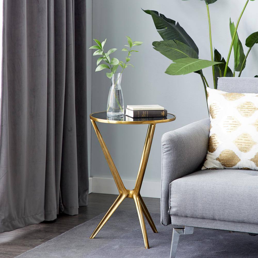 Gold Round Metal and Glass Accent Table with Graduated Legs