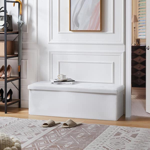 VECELO Storage Ottoman, Foot Rest Stool Footstool Ottoman, Small Square Cube Chest for Living Room/Dorm/Entryway 43 in. White