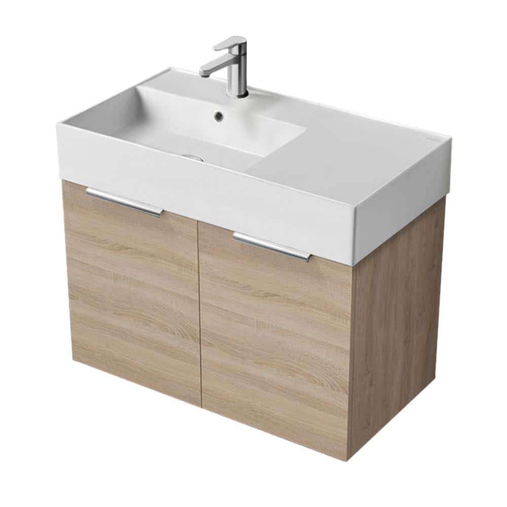Derin 31.9 in. W x 17.3 in. D x 25.2 in. H Modern Bathroom Vanity in Brown Oak With White Ceramic Top price history on PriceWatchPro