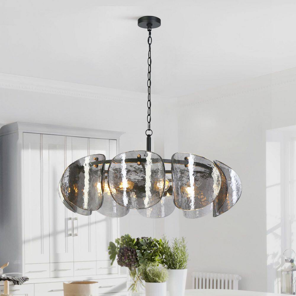 Modern 8-Light Black Drum Chandelier Dining Room Kitchen Hanging Light with Gold Accents and Smoky Gray Glass Discs price history on PriceWatchPro