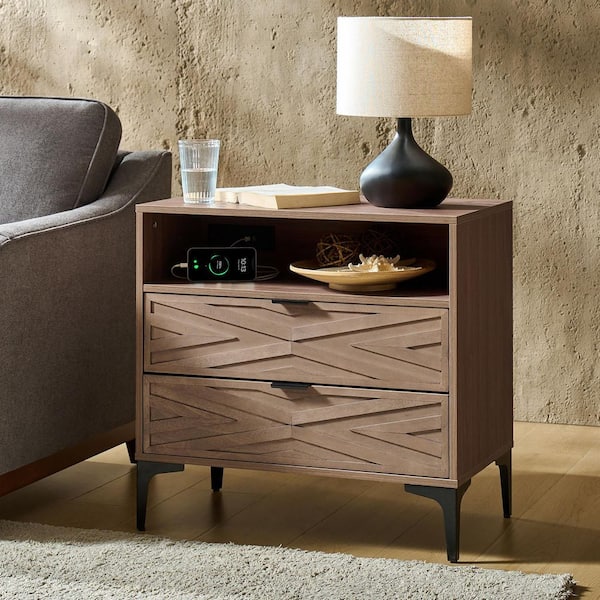 Ditma Walnut 27 in. H Modern 2-Drawer Nightstand with Charging Port