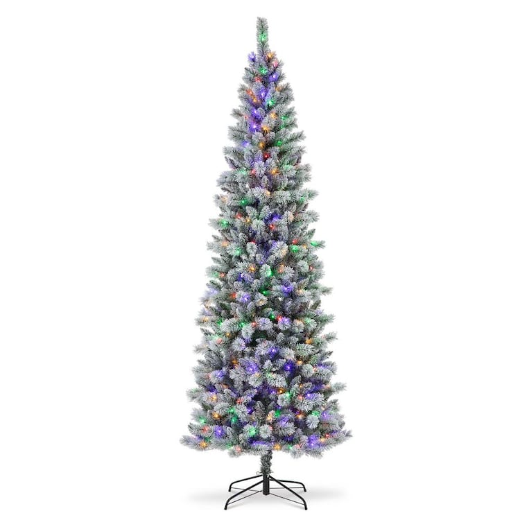 Glitzhome 9 ft. Pre-Lit Flocked Pencil Pine Artificial Christmas Tree with 450 LED Lights, 9 Functional Warm White/Multi-Color