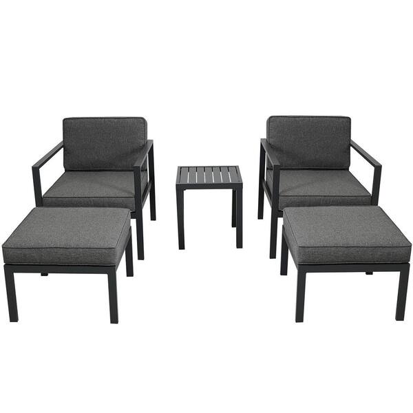 Angel Sar 5-piece Aluminum Alloy Outdoor Patio Conversation Set Sofa Set with Coffee Table, Stools and Gray Cushions