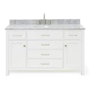 Bristol 55 in. W x 22 in. D x 35.25 in. H Freestanding Bath Vanity in White with White Marble Top