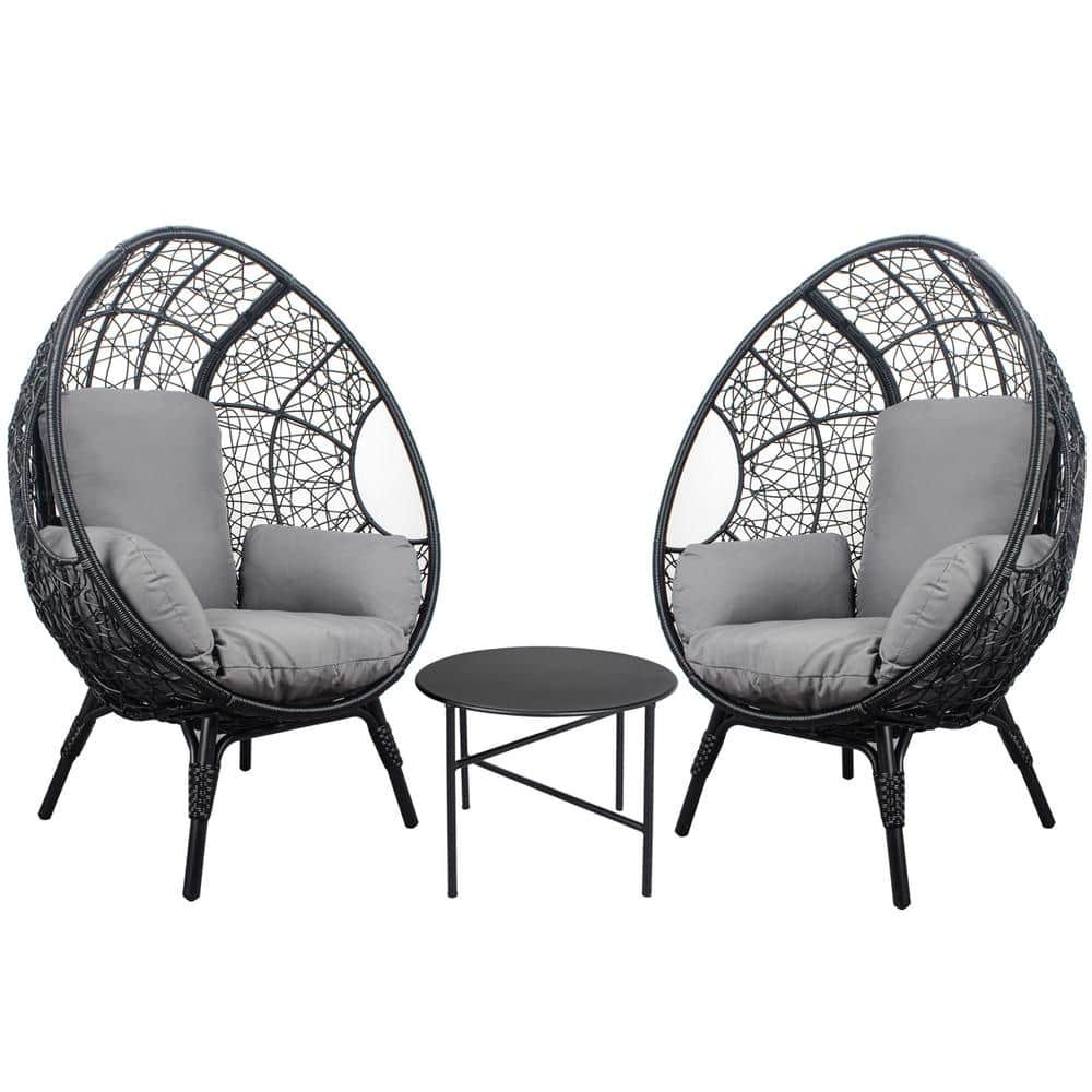Black 3-Piece Metal Outdoor Lounge Chairs, Patio PE Rattan Egg Chairs and S