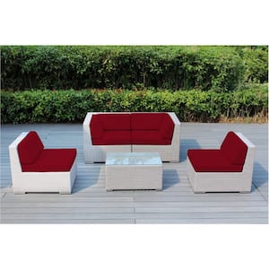 Gray 5-Piece Wicker Patio Seating Set with Sunbrella Jockey Red Cushions