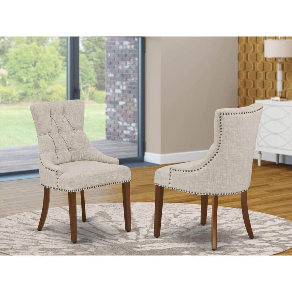 Beige Linen and Mahogany Wood Parsons Side Chair Set