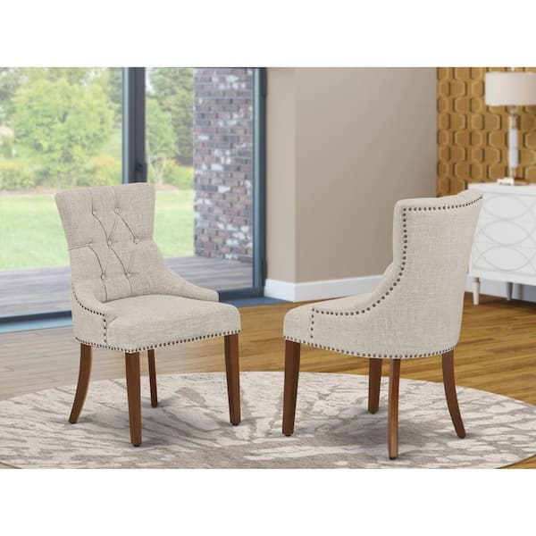 East West Furniture Mahogany, Parson Dining Chairs - Button Tufted Nail Head Trim Doeskin Linen Fabric Upholstered Chairs, Set of 2