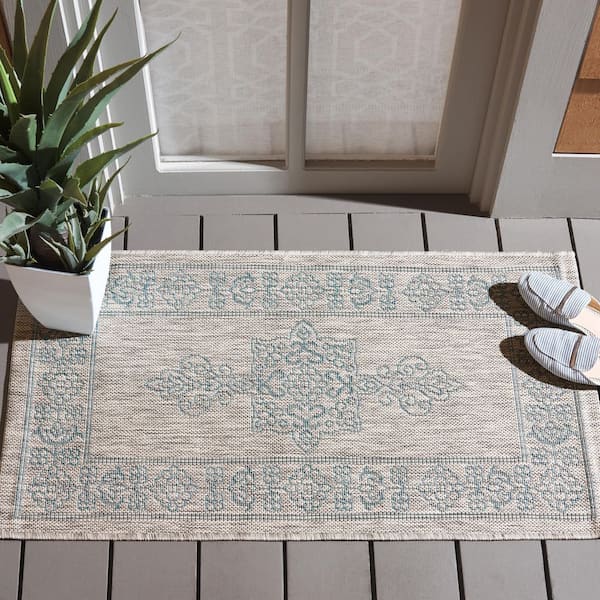Courtyard Gray/Aqua 3 ft. x 5 ft. Border Medallion Indoor/Outdoor Area Rug