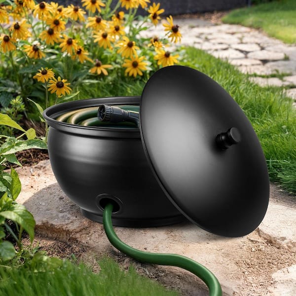 Smooth Metal Garden Hose Holder Pot with Lid, Black
