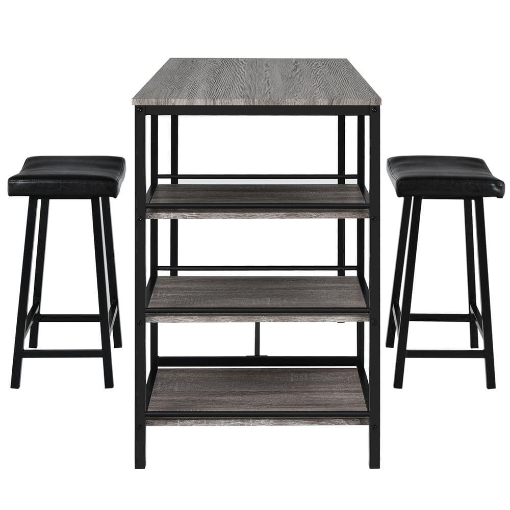 Costway 3Piece MDF Counter Height Dining Bar Table Set with 2Stools and 3Storage Shelves Grey