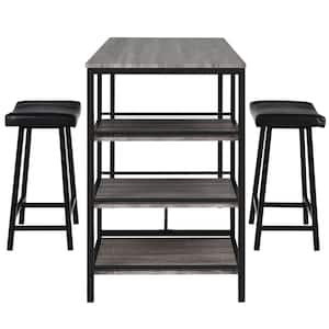 3-Piece MDF Counter Height Dining Bar Table Set with 2-Stools and 3-Storage Shelves Grey