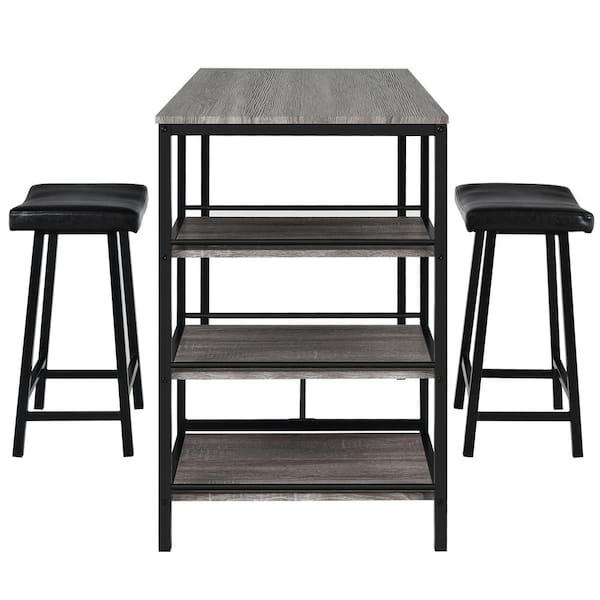 Costway 3-Piece MDF Counter Height Dining Bar Table Set with 2-Stools and 3-Storage Shelves Grey