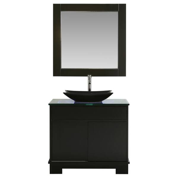 Design Element Oasis 36 in. W x 22 in. D Single Vanity in Espresso with Glass Vanity Top in Clear with black basin and Mirror