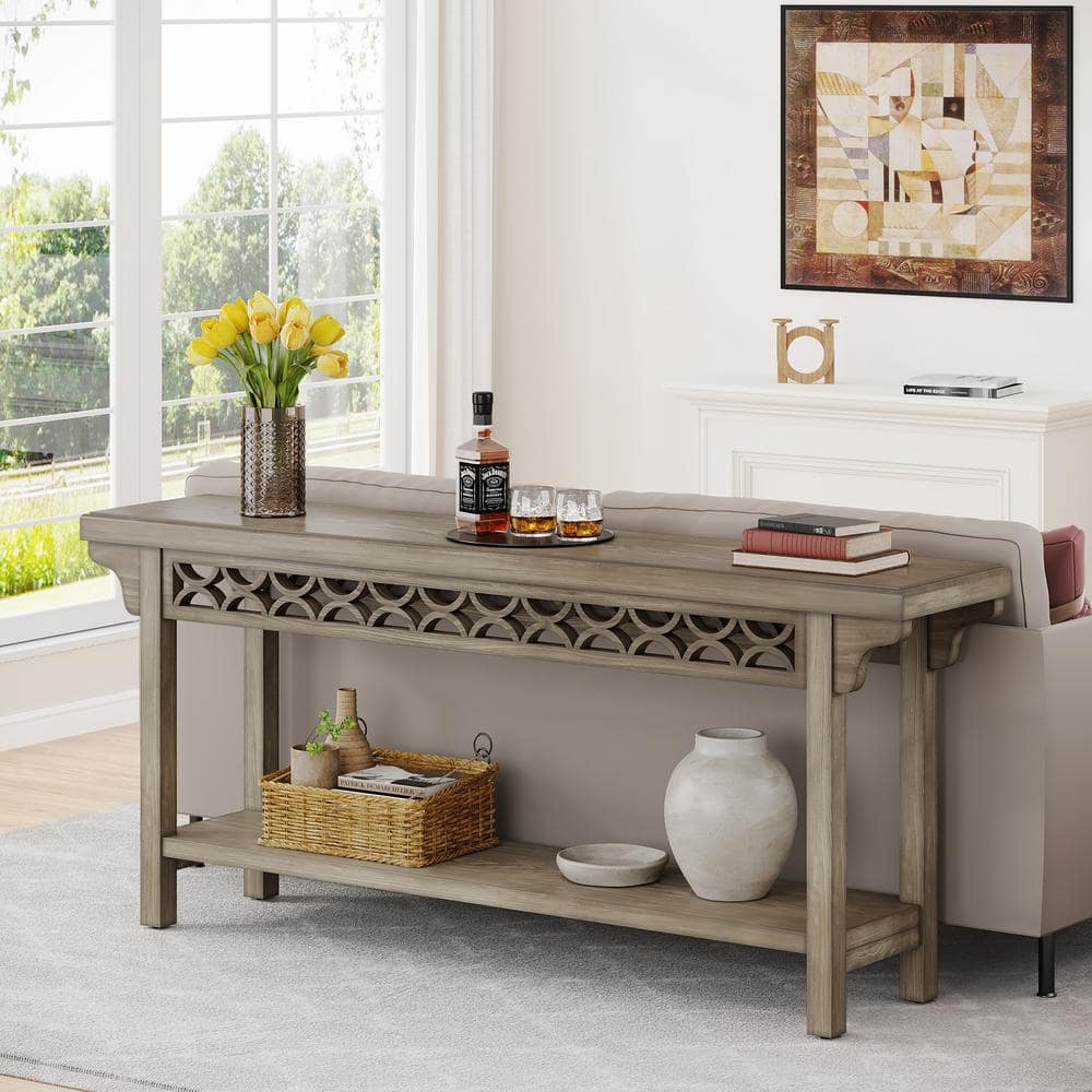 Gray Solid Wood Farmhouse Console Table with Storage