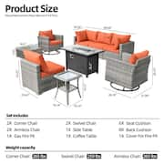 Harlotte 9-Piece Wicker Patio Rectangular Fire Pit Set with Orange Red Cushions and Swivel Rocking Chairs