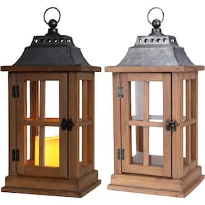 Rustic Wooden Candle Hurricane Luxury Lanterns For Tabletop, Mantle, Wall Mount or Garden Display (2-Piece)