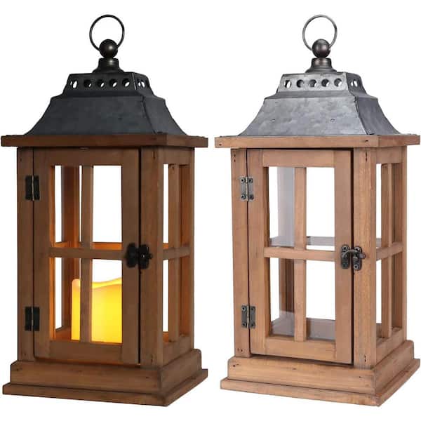 MUMTOP Rustic Wooden Candle Hurricane Luxury Lanterns For Tabletop, Mantle, Wall Mount or Garden Display (2-Piece)