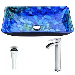 Voce Series Deco-Glass Vessel Sink in Lustrous Blue with Key Faucet in Polished Chrome