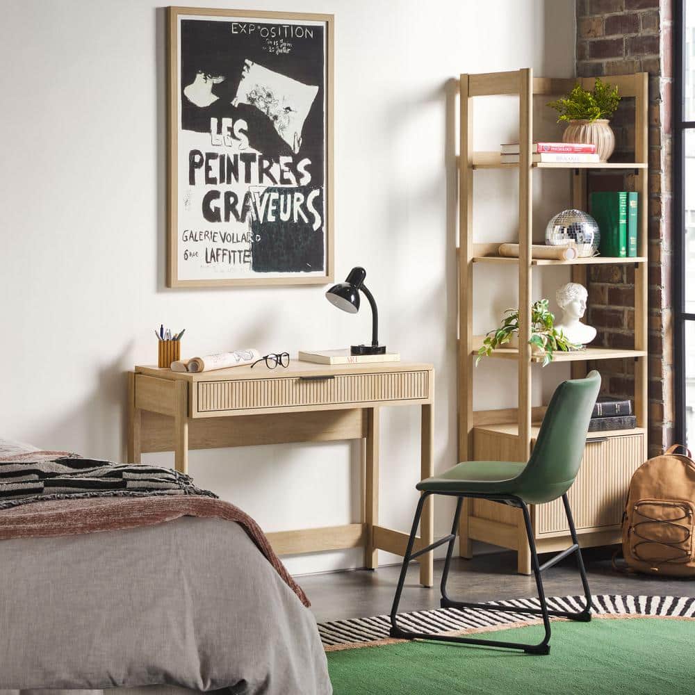 Modern 38 in. Rectangular Coastal Oak Wood 1-Drawer Desk with Reeded Drawer Front