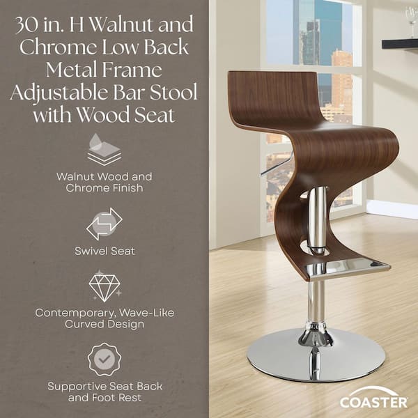 30 in. H Walnut and Chrome Low Back Metal Frame Adjustable Bar Stool with Wood Seat