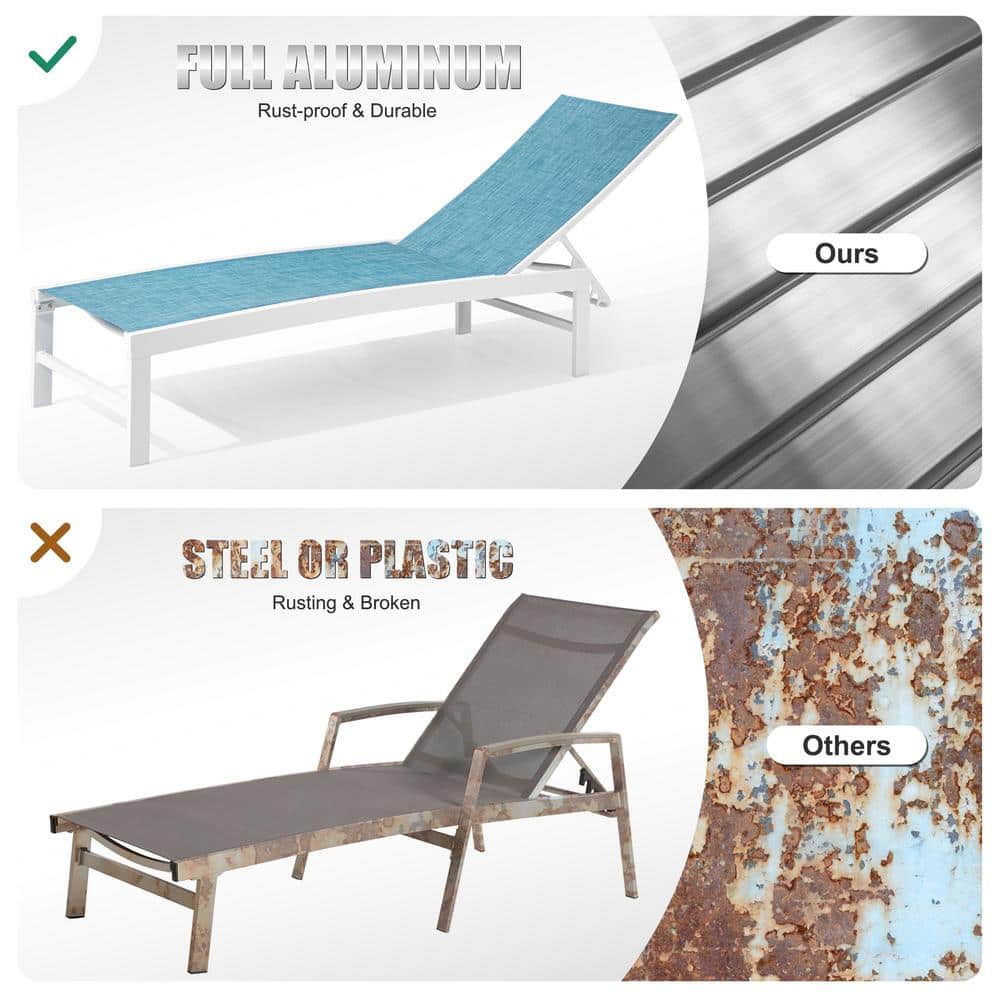 74.8" Blue Fabric and White Aluminum Outdoor Chaise Lounge Set
