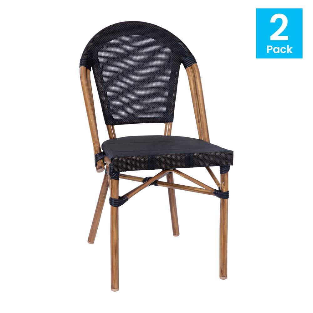 Black and Natural Armless Stacking Bistro Chairs with Metal Frame, Set of 2