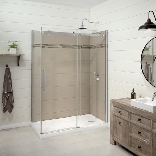 Utile Origin 32 in. x 60 in. x 83.5 in. Right Drain Corner Shower Kit in Greige with Chrome Shower Door