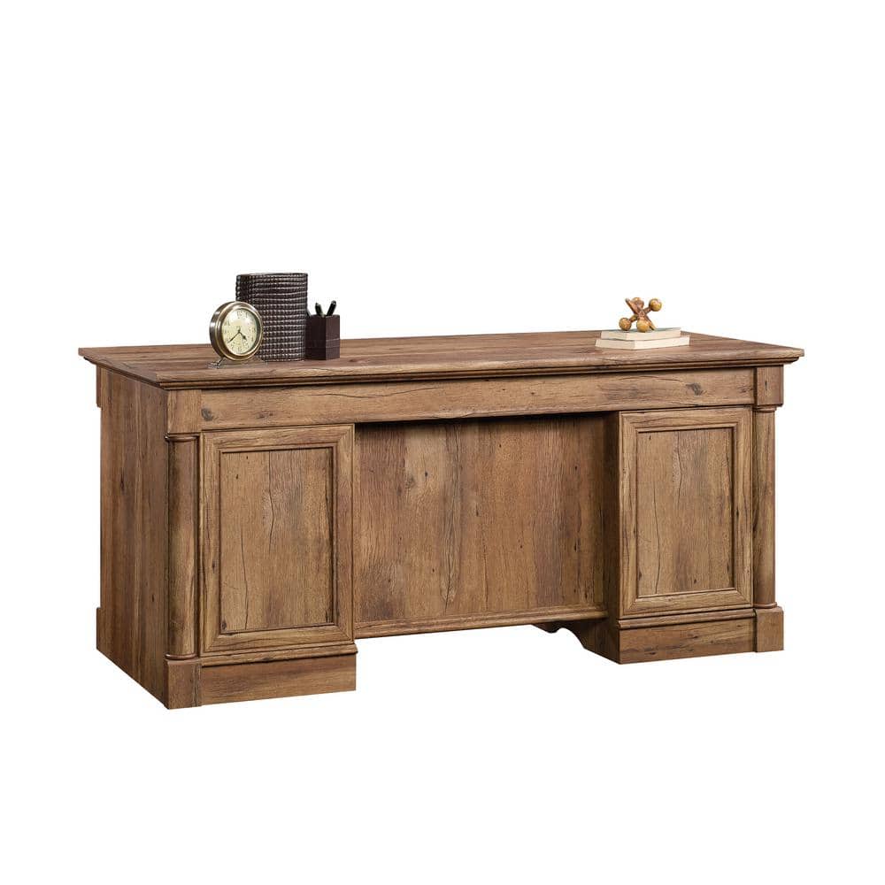 Vintage Oak Executive Desk with Drawers and Power Outlet